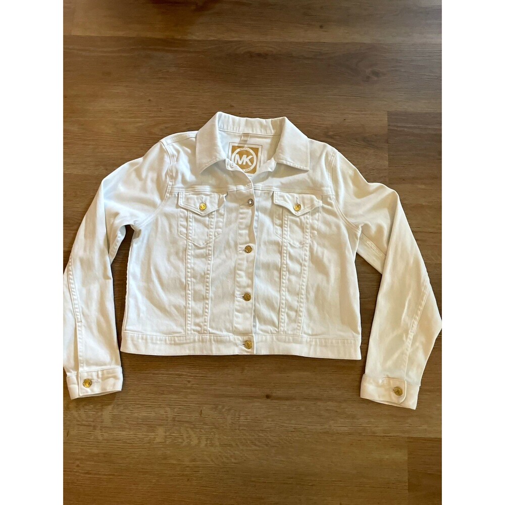Michael Kors Women's White Denim Trucker Jacket Gold Logo Buttons Size L